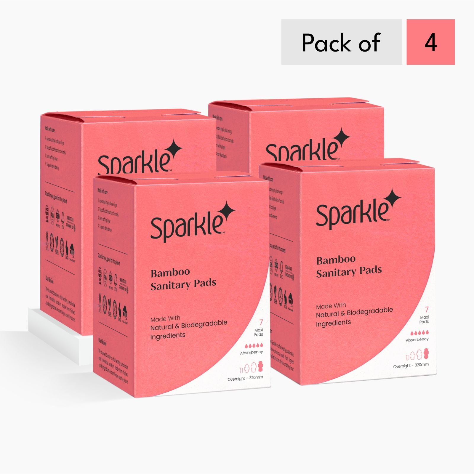 Sparkle: Bamboo Sanitary Pads - Regular Size - 240mm - Pack of 4 - 7 Pads  each